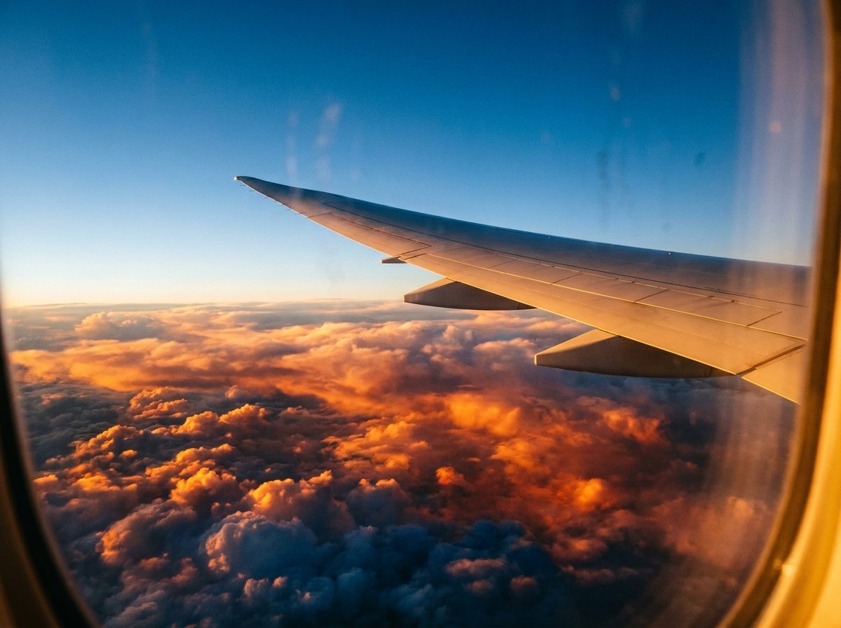 The view from an aircraft window above a floor of clouds