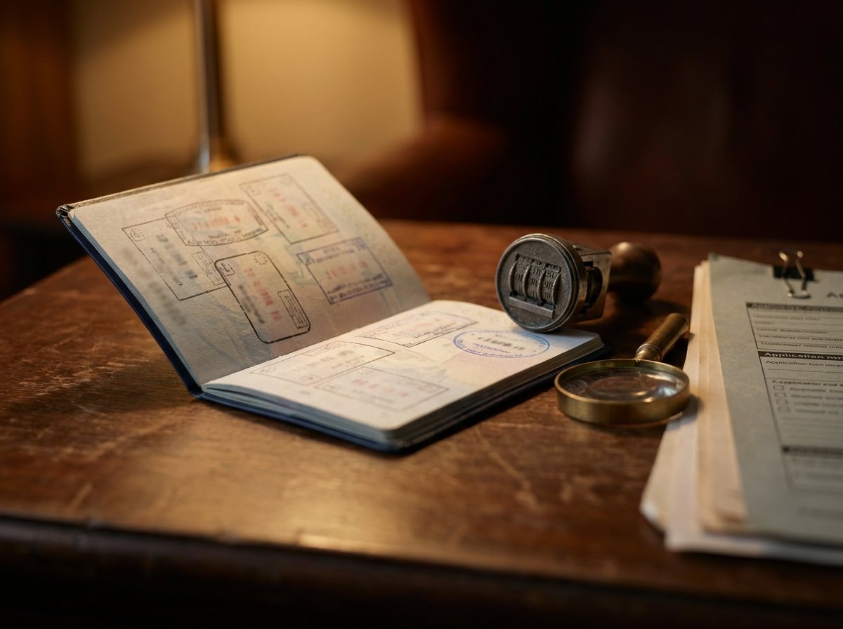 An open passport with visa stamps under warm light